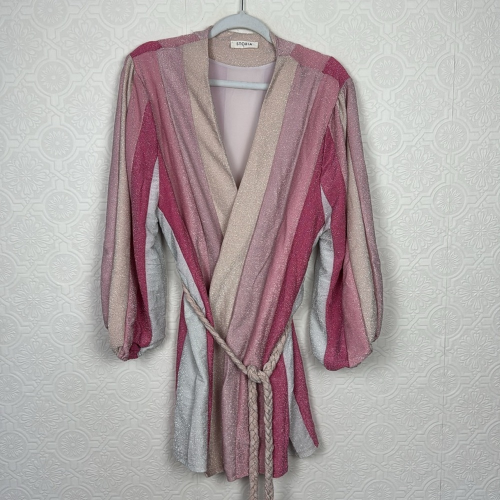 Storia Color My World Wrap Shimmer‎ Dress Balloon Long Sleeve Pink Stripes